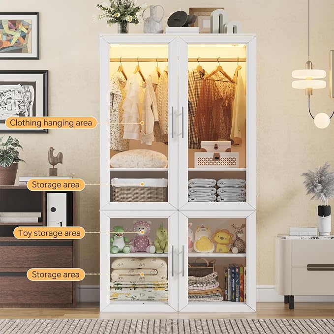 PAKASEPT Armoire Wardrobe Closet Door, Bedroom Closet Wardrobe Cabinet with Hanging Rod, Lighted Freestanding Armoire Storage Cabinet for Bedroom Cloakroom White (White&Full Glass Door)