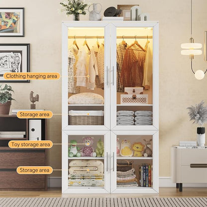 PAKASEPT Armoire Wardrobe Closet Door, Bedroom Closet Wardrobe Cabinet with Hanging Rod, Lighted Freestanding Armoire Storage Cabinet for Bedroom Cloakroom White (White&Full Glass Door)