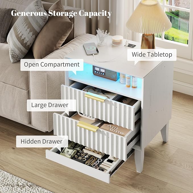 LVSOMT 24“ W Fluted LED Nightstand with Charging Station, RFID Lock, White | Bedside Table with Hidden Drawer, 2 Drawers, Open Cubby, Motion Sensor, USB and Type-C Ports, Night Stand for Bedroom