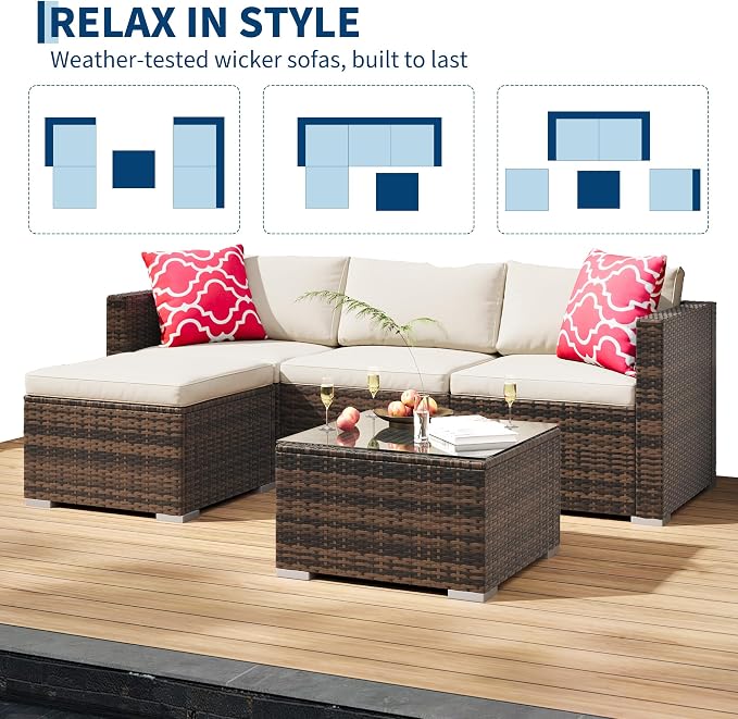 GAOMON 5-Piece All-Weather Patio Furniture Set, Convertible Outdoor Sectional Sofa with Ottoman & Tempered Glass Table, PE Rattan Conversation Set for Garden, Backyard, Porch, Poolside