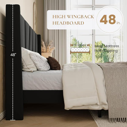 SHA CERLIN Queen Size Bed Frame with Geometric Wingback Headboard, Upholstered Platform Bed with Wooden Slats Support, 8" Under-Bed Space, No Box Spring Needed, Easy Assembly, Black