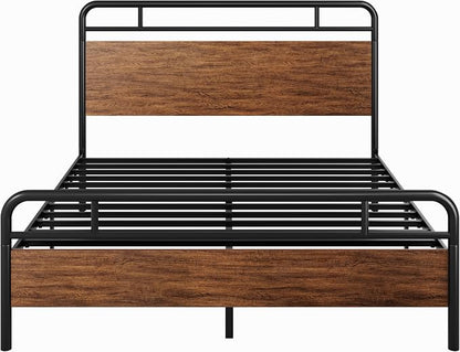 SHA CERLIN Full Size Bed Frame with Wooden Headboard and Footboard, Rounded Corner Metal Structure, Heavy Duty Slats with Under-Bed Storage, No Box Spring Needed, Walnut