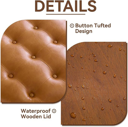 WUTUTUEE 24Inch Round Storage Ottoman with Tray, Modern Tufted Leather Circle Coffee Table with Storage, Upholstered Ottoman with Removable Top for Living Room, Bedroom, Leather Brown