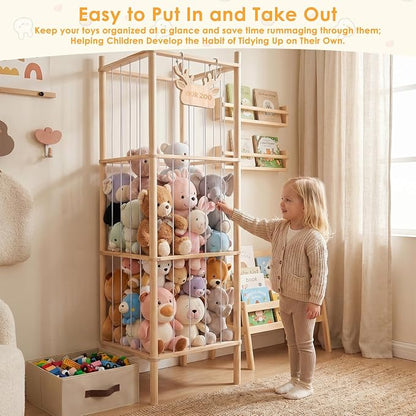 Stuffed Animal Storage Tower, 4-Tier Wooden Stuffed Animal Organizer Holder, Plushies Storage with Two Wooden Cute Zoo Signs for Nursery Playroom Bedroom