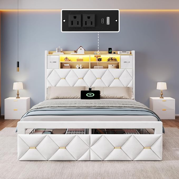 YITAHOME Full Size Bed Frame with 2 Storage Drawers and Storage Headboard, Upholstered Platform with Charging Station and LED Light, No Box Spring Needed, Noise Free, Easy Assembly, Velvet White