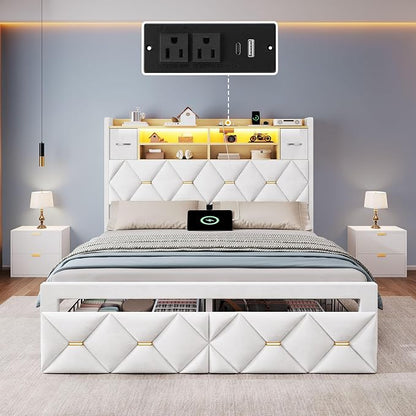 YITAHOME Full Size Bed Frame with 2 Storage Drawers and Storage Headboard, Upholstered Platform with Charging Station and LED Light, No Box Spring Needed, Noise Free, Easy Assembly, Velvet White
