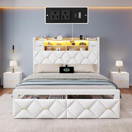 DWVO Full Size Bed Frame with 2 Storage Drawers and Storage Headboard, Upholstered Platform with Charging Station and LED Light, No Box Spring Needed, Noise Free, Easy Assembly, Velvet White