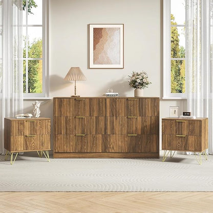 6 Drawer Dresser and Nightstand Sets for Bedroom, 3 Pcs Bedroom Set, Night Stand Set of 2 & 6 Drawer Dresser with Gold Handles, Modern Wood Chest of Drawers Storage Cabinet Set, Natural