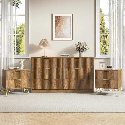 6 Drawer Dresser and Nightstand Sets for Bedroom, 3 Pcs Bedroom Set, Night Stand Set of 2 & 6 Drawer Dresser with Gold Handles, Modern Wood Chest of Drawers Storage Cabinet Set, Natural