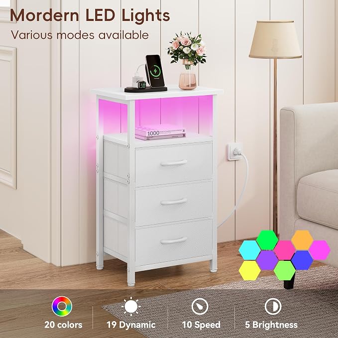 Vagusicc Night stand Set 2 with Charging Station, LED Nightstand for Bedroom, White Bedside Table with 3 Fabric Drawer, End Table Side Table with USB Ports & Outlets, Bed Side Table for Bedroom, White