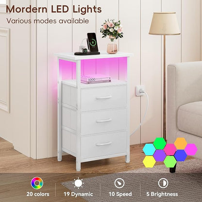 Vagusicc Night Stand with Charging Station, LED Nightstand for Bedroom, White Bedside Table with 3 Fabric Drawers, End Table Side Table with USB Ports and Outlets, Bed Side Table for Bedroom, White