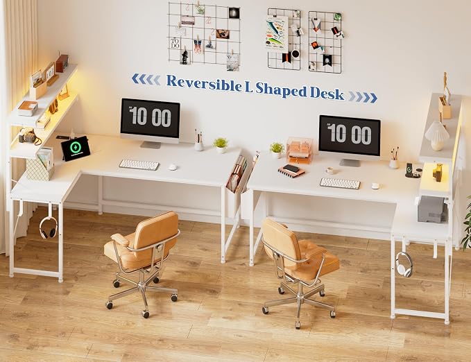 DurayLoly L Shaped Desk Computer Desk with LED Light & Power Outlet, 43.3 Inch Reversible White Desk with Shelf & Storage Bag & Hook for Home Office, White