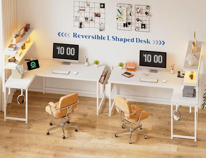 DurayLoly L Shaped Desk Computer Desk with LED Light & Power Outlet, 43.3 Inch Reversible White Desk with Shelf & Storage Bag & Hook for Home Office, White
