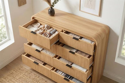 FURSUN Fluted 8 Drawers Dresser for Bedroom, 55" Wide Wooden Dresser with Metal Handle, Curved Profile Design, Modern Storage Organizer for Bedroom, Living Room, Hallway, Natural Oak