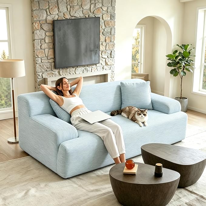 VINGLI 72" W Boneless Loveseat Sofa, Cloud Corduroy Couch in a Box, Compressed Deep Seat Sofa with 10.6" Wide Curved Armrests, Easy Assembly Required for Living Room, Apartments & Office, Light Blue