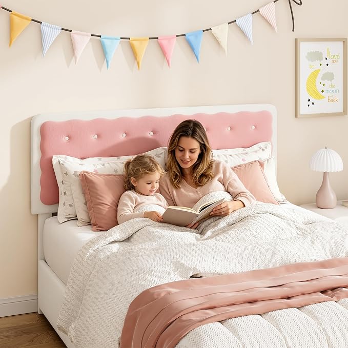 Garvee Full Size Velvet Upholstered Bed with Biscuit Shaped Headboard, 2 Drawers, Wood Slats, No Box Spring Needed, Easy Assembly – Cream White & Pink