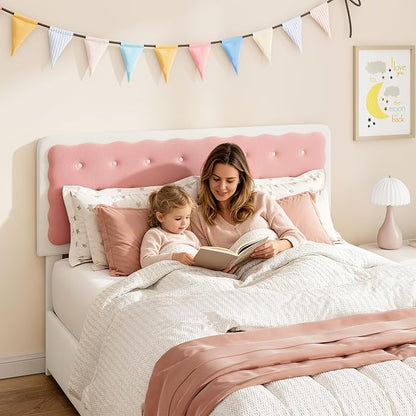 Garvee Full Size Velvet Upholstered Bed with Biscuit Shaped Headboard, 2 Drawers, Wood Slats, No Box Spring Needed, Easy Assembly – Cream White & Pink