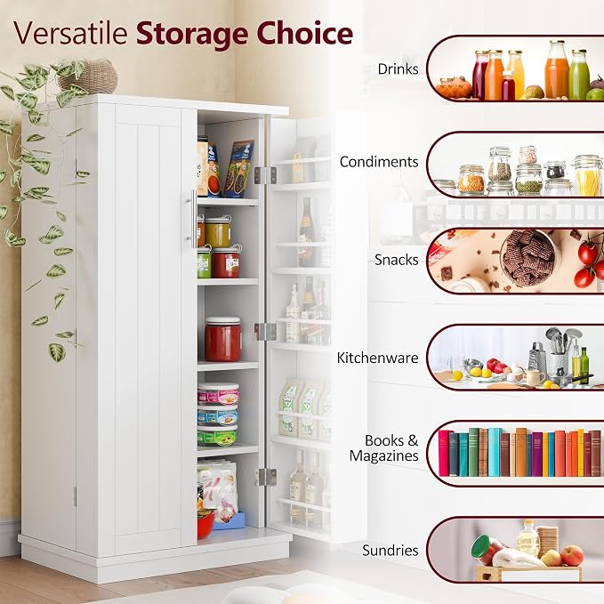 SUNLEI 47" Kitchen Pantry Storage Cabinet, Modern Freestanding Pantry Storage Cabinet with Adjustable Shelves, Buffet Cupboards Storage for Kitchen, Dining Room, White