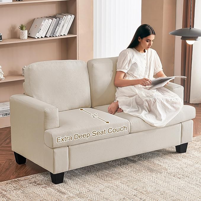Furnimart 62" Loveseat Couch, Modern Love Seat Couches for Small Spaces, Beige Linen Sofa, Deep Seat Sofa for Living Room, Small 2 Seater Couch for Bedroom, Office