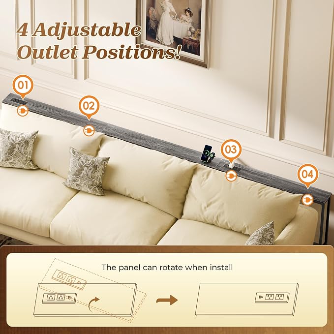 SUPERJARE 110.2 Inch Sofa Table with 2 Power Outlets and USB-C Port, 5.9 Inch Narrow Console Table with Storage, Extra-Long, for Entryway Hallway Couch Behind Sofa, Small Spaces, Grey