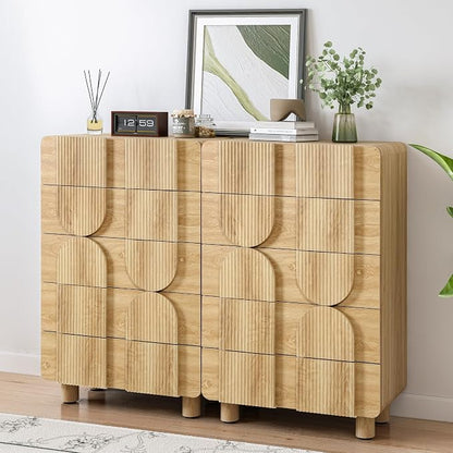 Fluted 5 Drawers Dresser for Bedroom, 46" Tall Dressers & Chest of Drawers w/Curved Profile Design, Wood Mid Century Modern Vertical Storage Dressers Organizer for Living Room, Hallway, Natural Oak
