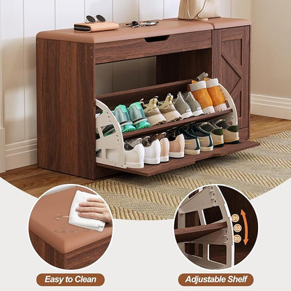 34" Storage Bench with Flip Drawers and Barn Doors, Adjustable Shelf, Flip-up Cabinet & Padded Cushion - Space-Saving Shoe Cabinet, Organizer for Entryway, Hallway, Bedroom