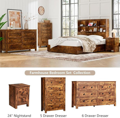 LUXOAK 5-Piece Bedroom Set, Queen Bed Frame with Headboard, 6 Drawer Dresser & 5 Drawer Chest, Nightstand Set of 2 with Charging Station, Farmhouse Bedroom Furniture, Rustic Brown