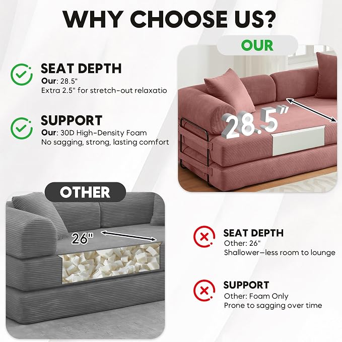 ZEIINPA 78.5 Inch Convertible Sleeper Sofa Bed, 5 in-1 Boneless Floor Couch Bed with Fixed-Shape Frame, Modular Futon Couch for Living Room, Apartments, RV Studio, Bedroom, Small Spaces, Pink