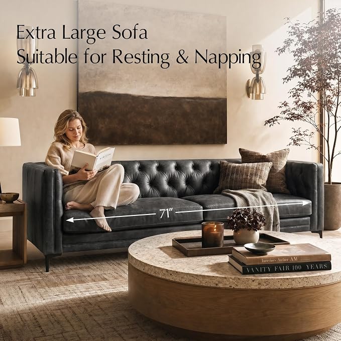 HULALA HOME 84" W Faux Leather Sofa Couch with Metal Legs, Button-Tufted 3-Seater Sofa, Mid Century Modern Contemporary Upholstered Couch for Living Room, Apartment, Charcoal