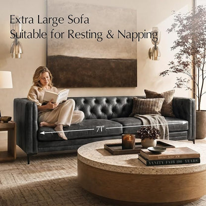 HULALA HOME 84" W Faux Leather Sofa Couch with Metal Legs, Button-Tufted 3-Seater Sofa, Mid Century Modern Contemporary Upholstered Couch for Living Room, Apartment, Charcoal