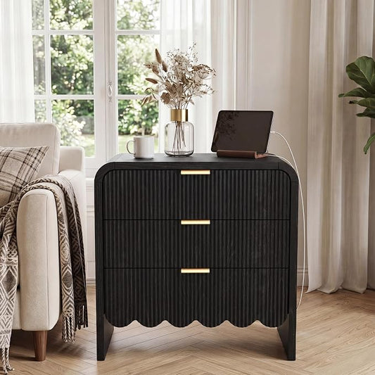 Scalloped Black 3 Drawer Dresser for Bedroom, 32'' Wide Large Drawer Nightstand,3 Drawer End Table Living Rooms, Offices, and Entryway