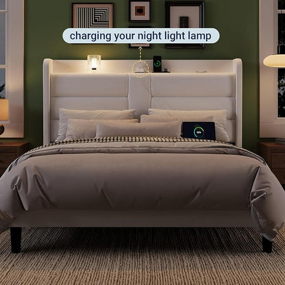 Allewie Queen Size Platform Bed Frame with Charging Station & Storage Headboard, Upholstered Velvet Wingback Design & USB Port, Strong Wooden Slats Support, No Box Spring Needed, Easy Assembly, White