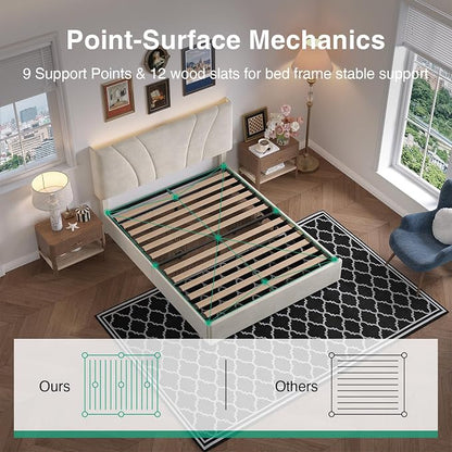 Novilla Full Size Bed Frame with Drawers, Full Size Bed Frame with Headboard, Full Bed Frame with LED Lights, Charging Station and Adjustable Headboard, No Box Spring Needed, White Velvet