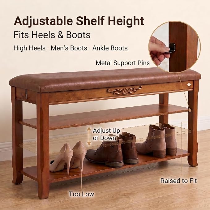 Shoe Rack Bench Entryway Storage with Leather Cushion, Shoe Organizer Bench for Entryway, Front Doors Entrances Hallway,Mudroom,Closet, Bedroom,Solidwood 3 Height-Adjustable Removable Shelve,39.4"