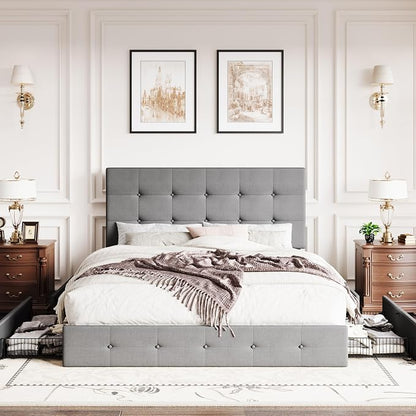 SHA CERLIN Upholstered Full Size Platform Bed Frame with 4 Storage Drawers, Adjustable Headboard with Square Stitched Button Tufted Design, Wooden Slat Support, No Box Spring Needed, Light Grey