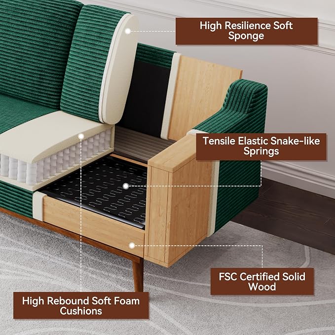 Vipbear 65.4" Loveseat Sofa,Mid-Century Modern Small Couches for Living Room, Bedroom, Office,Comfy Forest Green Corduroy Couch with Spring Cushion, Solid Wood Frame, Tool-Free Assembly