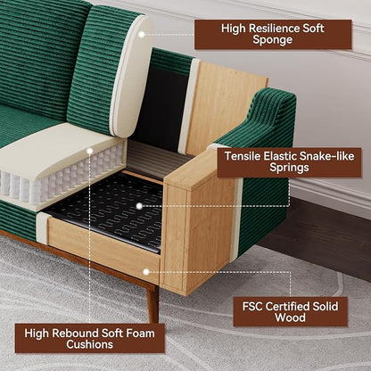 Vipbear 65.4" Loveseat Sofa,Mid-Century Modern Small Couches for Living Room, Bedroom, Office,Comfy Forest Green Corduroy Couch with Spring Cushion, Solid Wood Frame, Tool-Free Assembly