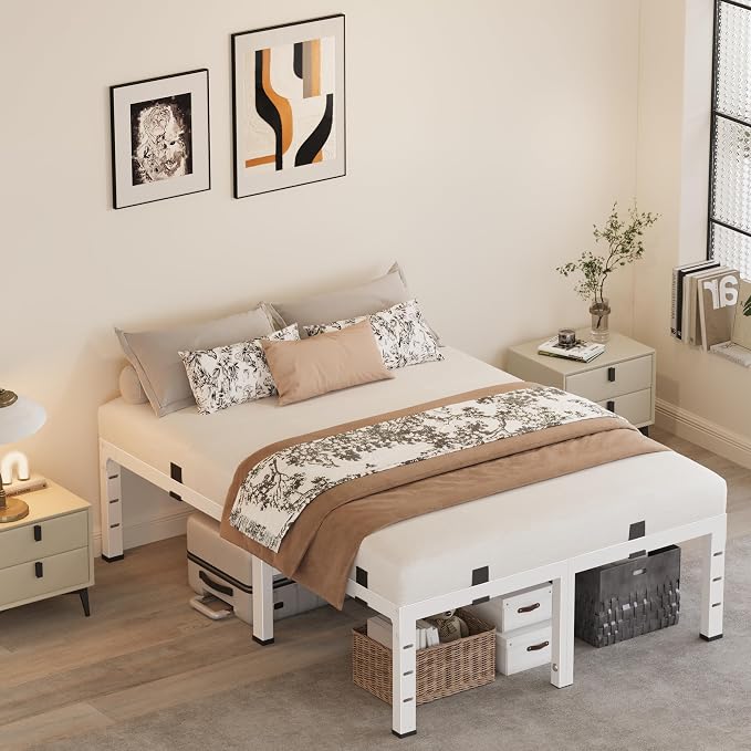 18 Inch Queen Bed Frames,Heavy Duty Metal Queen Size Platform 3500 lbs Capacity, No Box Spring Needed, 6 Mattress Slide Stopper, Headboard Holes, Noise-Free, Easy Assembly, White