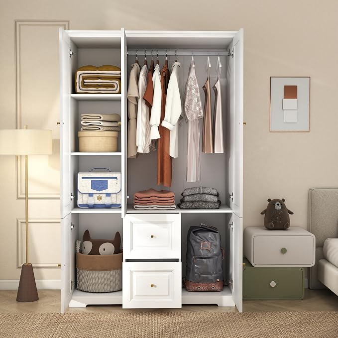 Armoire Wardrobe Closet with Drawers: 74" White Wardrobe Closet with 3 Doors, Tall Bedroom Armoires for Clothes, Wood Closets Cabinet for Hanging Clothes (47")