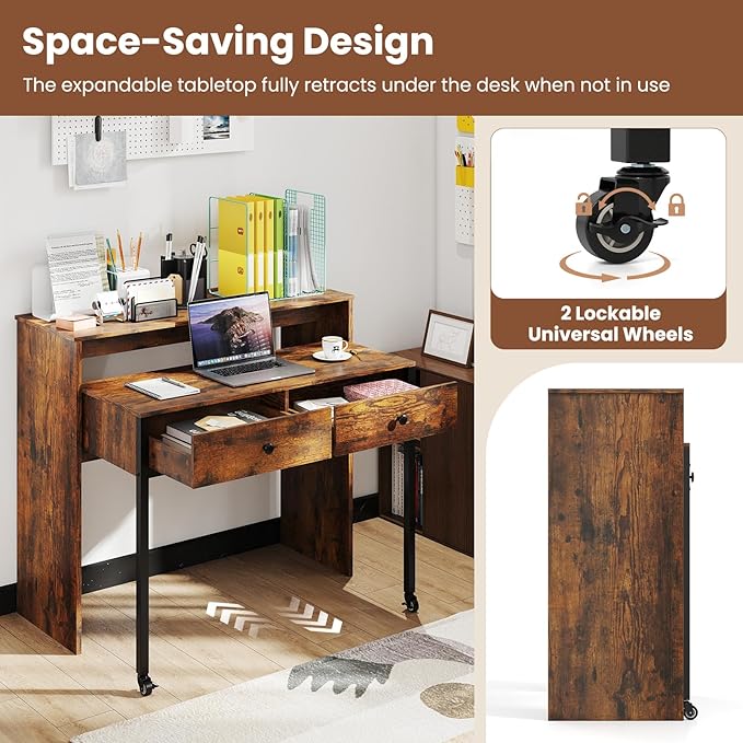 Giantex Small Computer Desk with Hutch & Drawers, Extendable Writing Desk w/Pull Out Secondary Table, Monitor Stand & Rolling Wheels, Console Table, Compact Desk for Small Spaces (Rustic Brown)