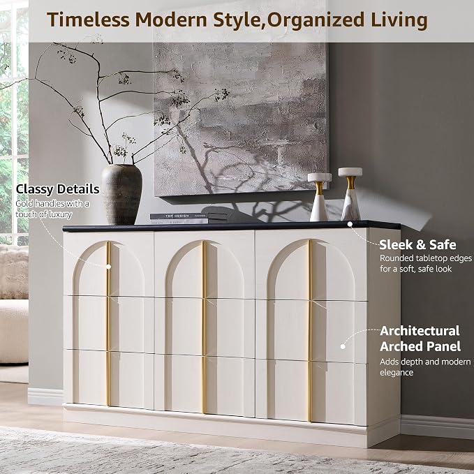 ACCOHOHO Arched Dresser for Bedroom with 9 Drawers, 52" Wide Modern Chest of Drawers with Rounded Edge & Metal Handles, Wood Storage Closet Dressers TV Stand for Living Room, Hallway, White