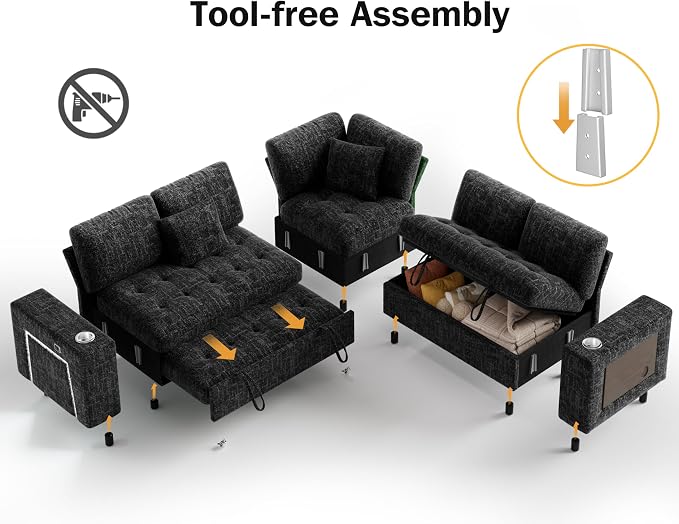 Vipbear 86" Modular Sectional Sleeper Sofa with Pull Out Bed, 5 Seat Chenille L Shaped Couch with USB Ports|Cup Holders|Side Table|Storage Loveseat, Tool Free Assembly, Black