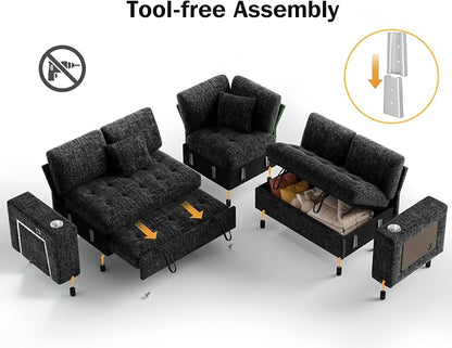 Vipbear 86" Modular Sectional Sleeper Sofa with Pull Out Bed, 5 Seat Chenille L Shaped Couch with USB Ports|Cup Holders|Side Table|Storage Loveseat, Tool Free Assembly, Black
