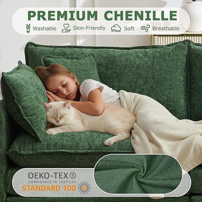 78" Modular Sectional Sofa, Cloud Couch Loveseat Sofa, Deep Seat Washable Chenille Fabric Sofa with Throw Pillows, 2 Seat Modern Couches for Living Room Bedroom Apartment, Green