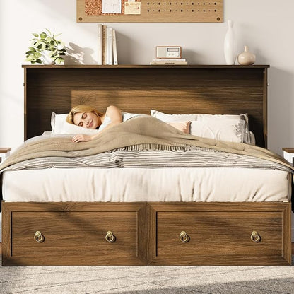 Yoobure Queen Murphy Bed with Charging Station - Rattan Queen Bed Frame with Storage Drawers, Wood Cabinet Beds for Guest Bedroom, Living Room, Office, Farmhouse Hideaway Beds with Foldable Platform