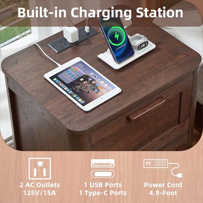 Joaxswe Farmhouse Night Stand with Charging Station, End Tables Bedroom with 2 Large Drawers & 4 Thickened Table Legs, Walnut