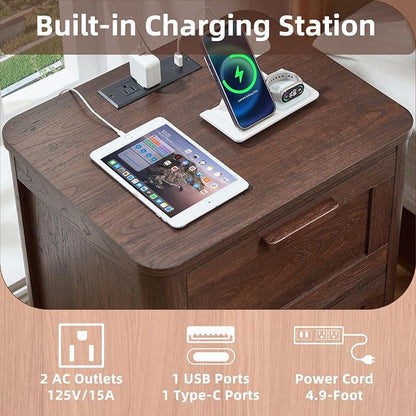 Joaxswe Farmhouse Night Stand with Charging Station, End Tables Bedroom with 2 Large Drawers & 4 Thickened Table Legs, Walnut