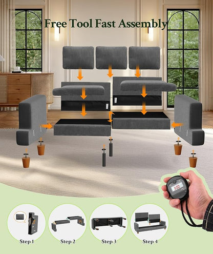 Welzona 87.2" Couches for Living Room, Comfy L Shaped Couch Grey 7.5" Thicker Cushion, Sofas for Living Room Tool-Free Setup, Loveseat with Ottoman 848lbs Support, Corduroy Couch for Bedroom, Office
