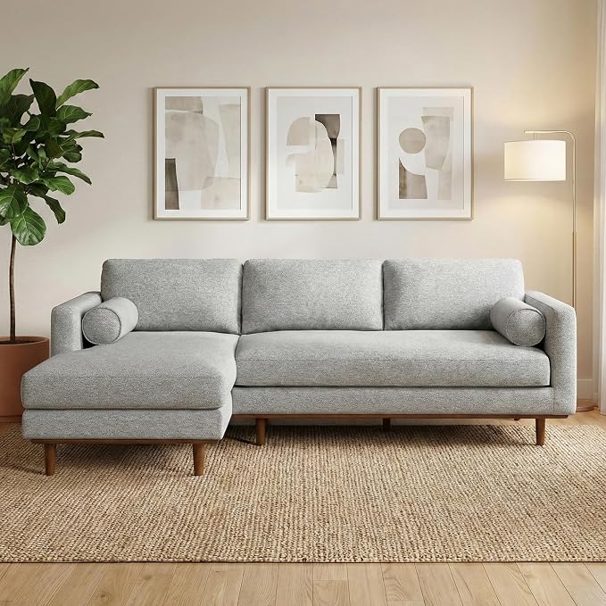 SIMPLIHOME Morrison Left Sectional Sofa in Woven-Blend Recycled Polyester Fabric, Mist Grey, 102-inches Wide, L-Shaped Couch with Left Chaise for The Living Room and Family Room
