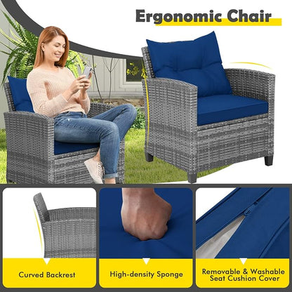COSTWAY 3-Piece Patio Furniture Set, Outdoor Wicker Rattan Sofa with Cushions, Coffee Table with Tempered Glass, Conversation Sofa Set for Poolside Backyard Balcony (Navy)